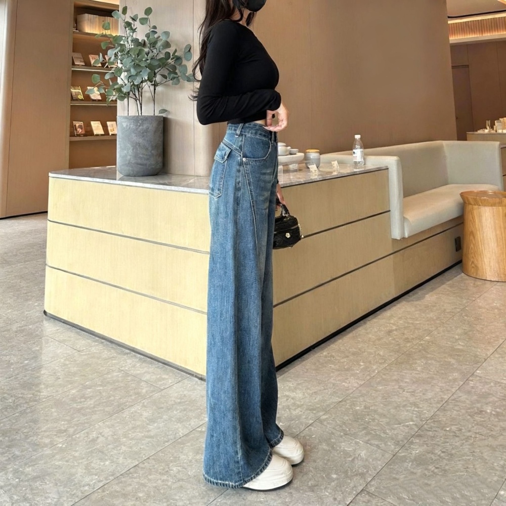 Autumn blue straight jeans high waist slim loose wide leg pants