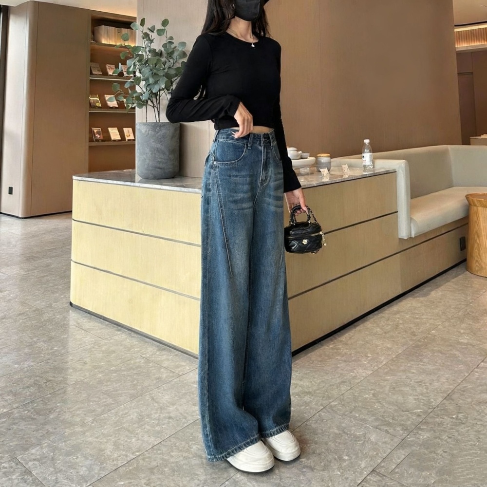 Autumn blue straight jeans high waist slim loose wide leg pants