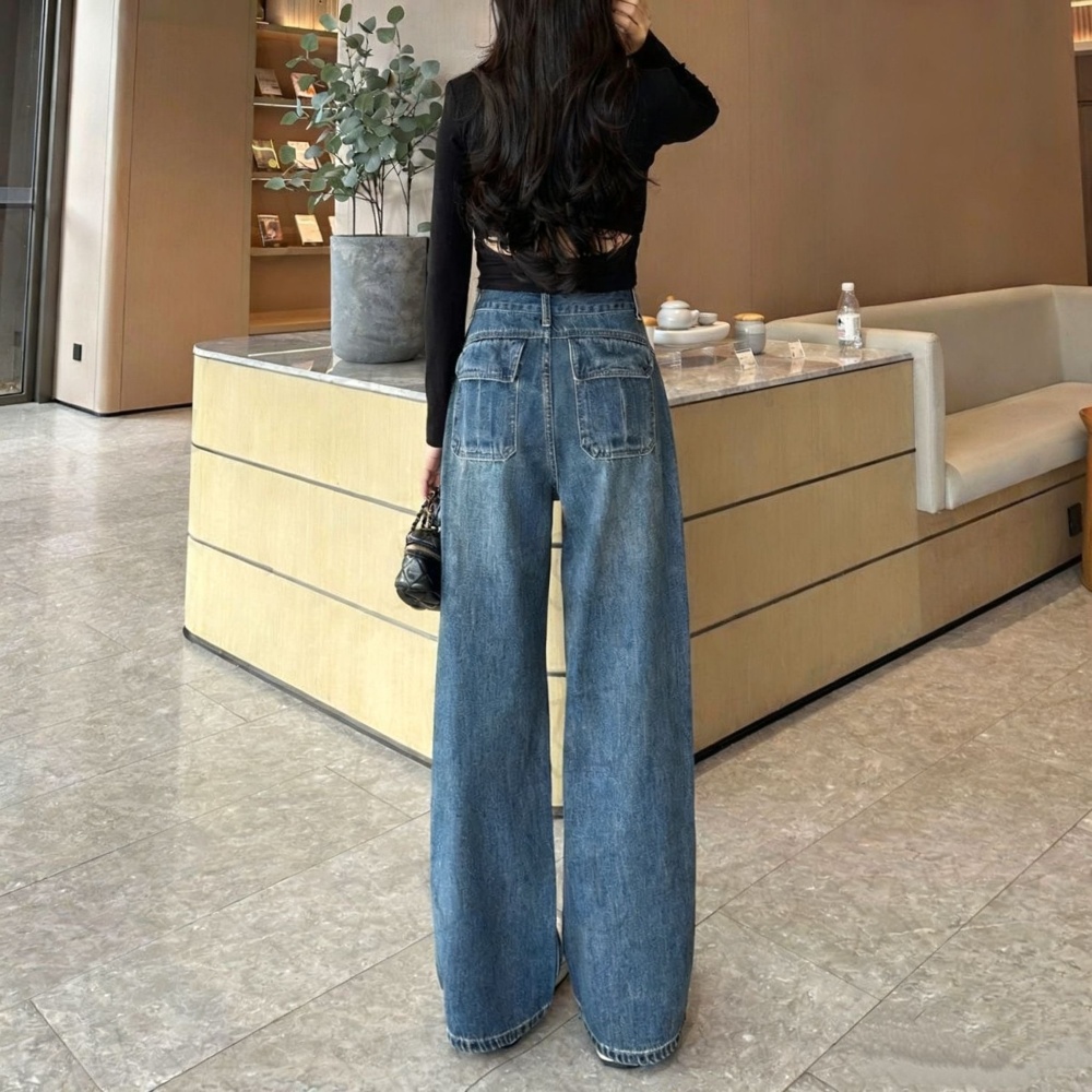 Autumn blue straight jeans high waist slim loose wide leg pants