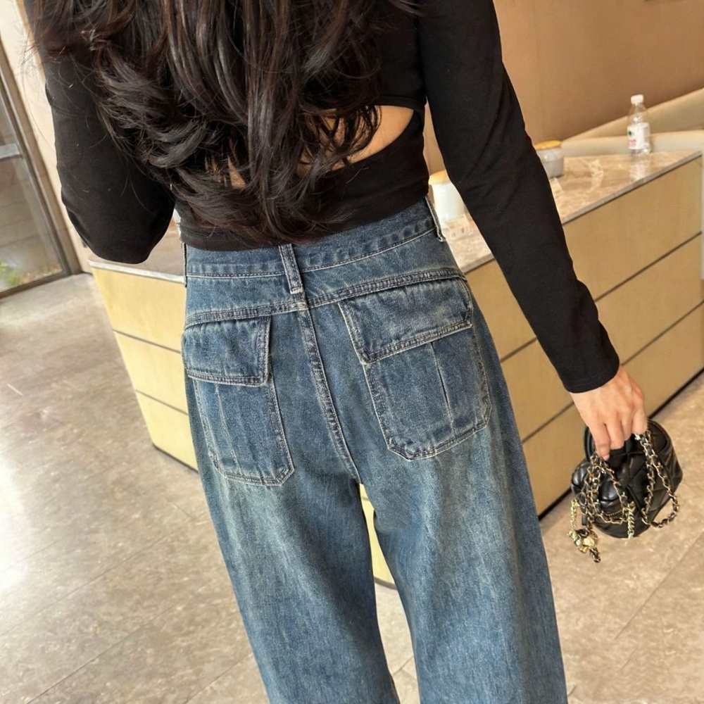 Autumn blue straight jeans high waist slim loose wide leg pants