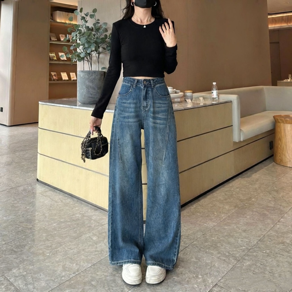 Autumn blue straight jeans high waist slim loose wide leg pants