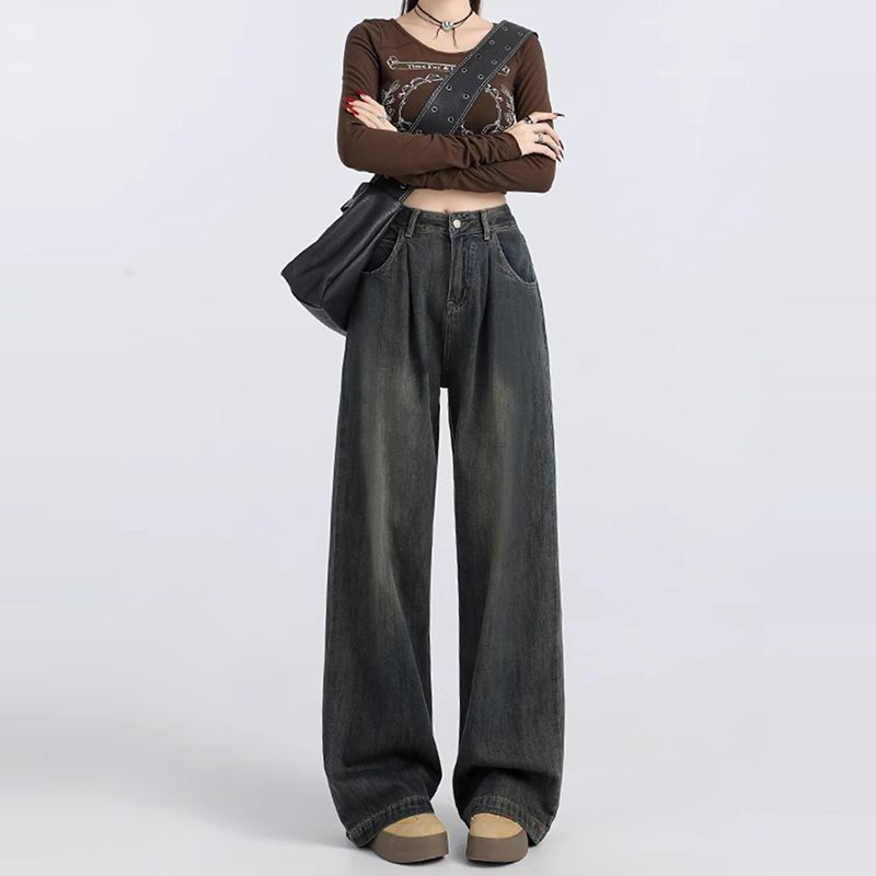 Wide leg spring and autumn straight retro high waist jeans