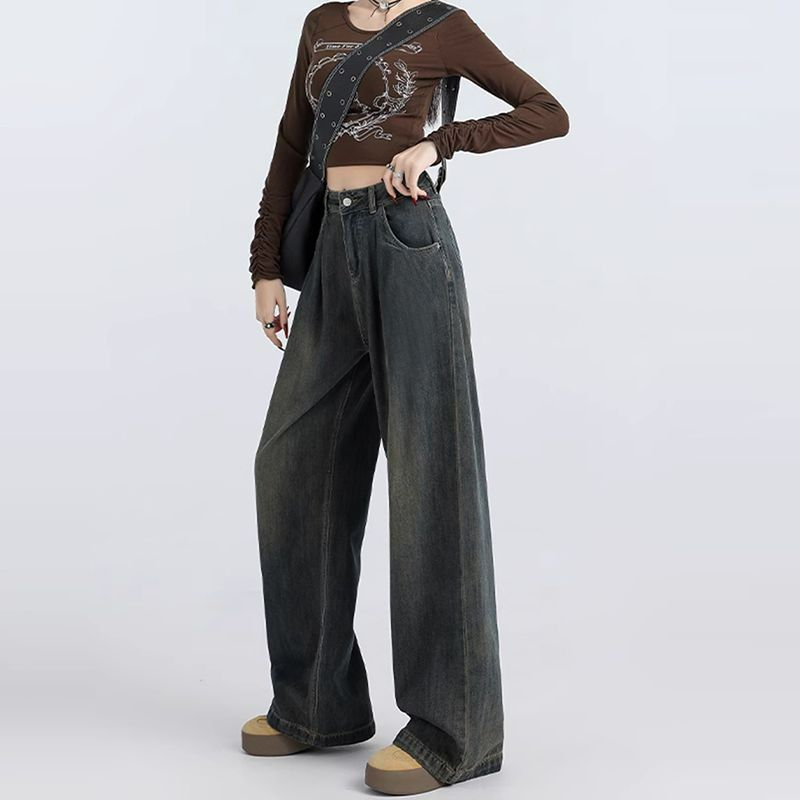 Wide leg spring and autumn straight retro high waist jeans