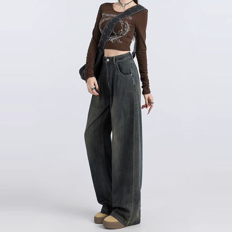 Wide leg spring and autumn straight retro high waist jeans