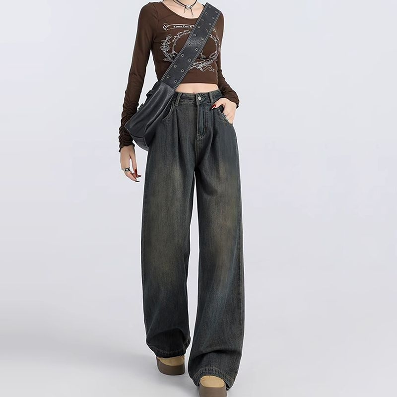 Wide leg spring and autumn straight retro high waist jeans