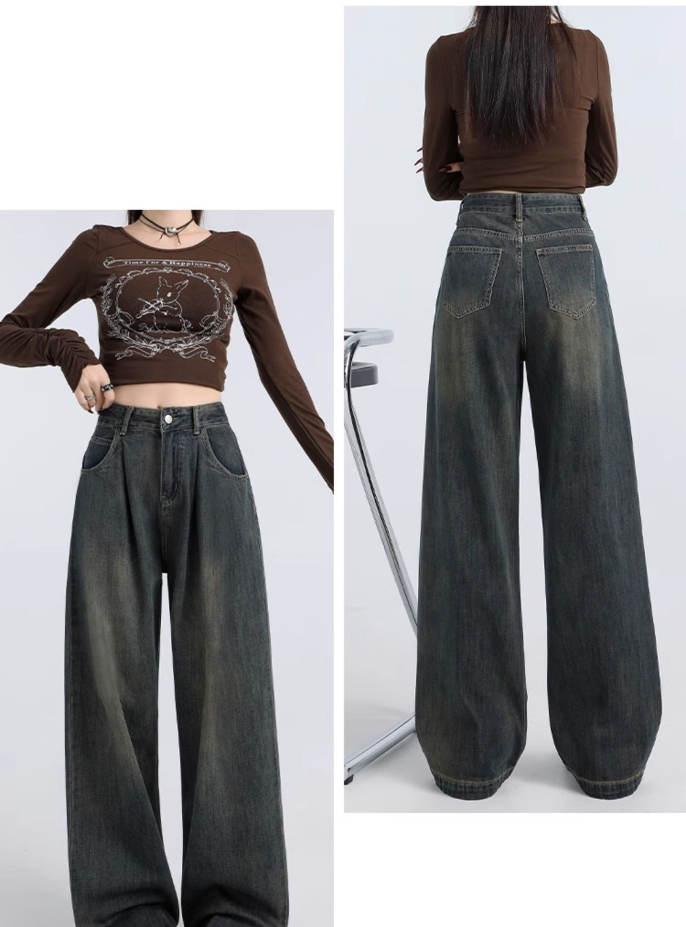 Wide leg spring and autumn straight retro high waist jeans