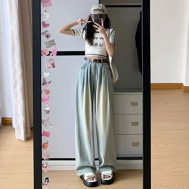 Wide leg spring and autumn straight retro high waist jeans