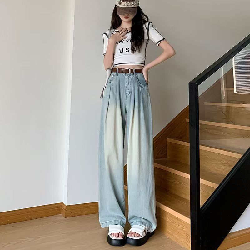 Wide leg spring and autumn straight retro high waist jeans