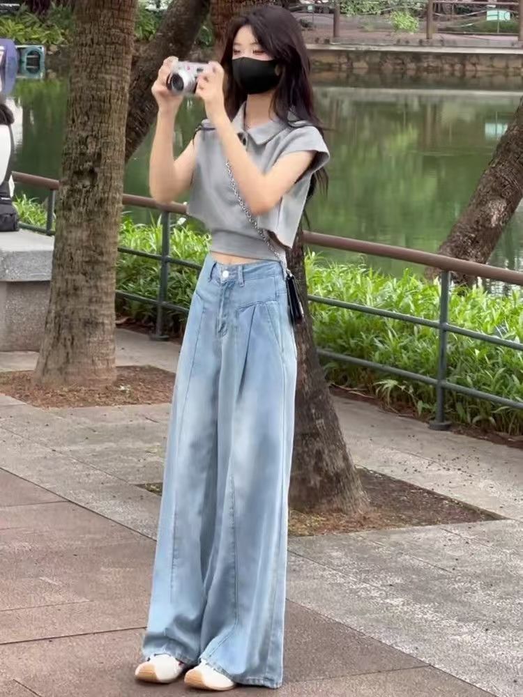 Light-blue straight long pants loose jeans for women