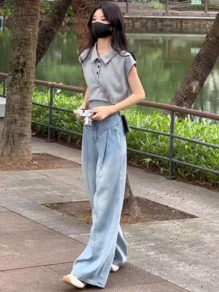 Light-blue straight long pants loose jeans for women