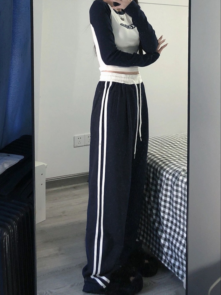 High waist stripe sweatpants splice wide leg pants for women