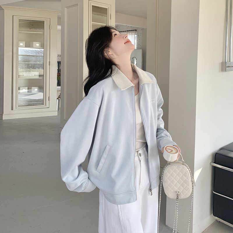 Spring and autumn embroidery jacket suede lapel coat