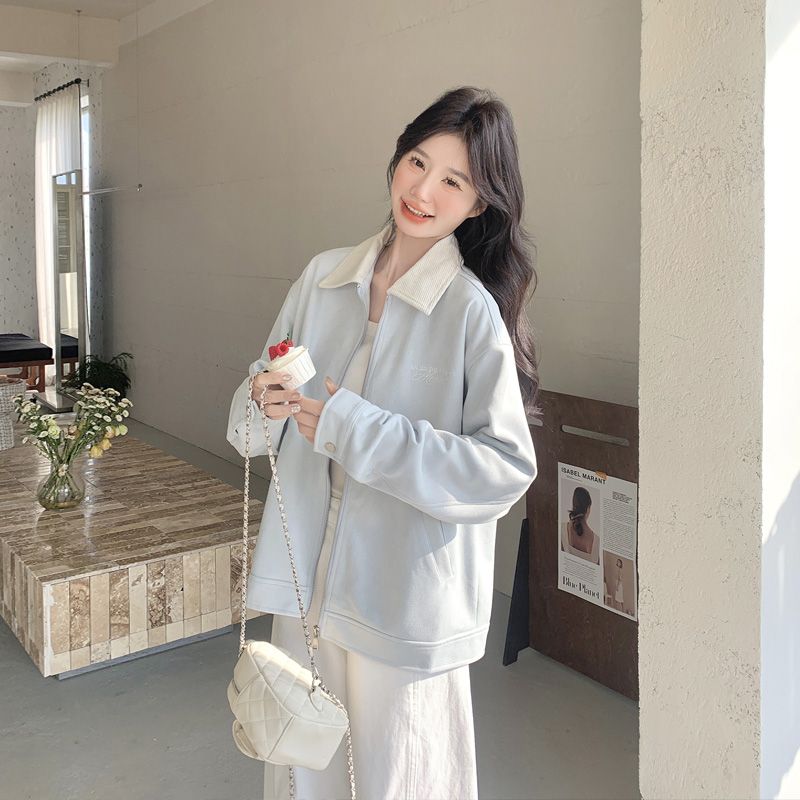 Spring and autumn embroidery jacket suede lapel coat