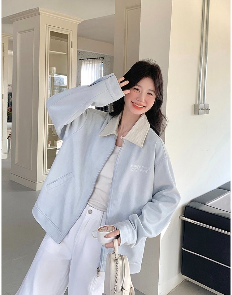 Spring and autumn embroidery jacket suede lapel coat