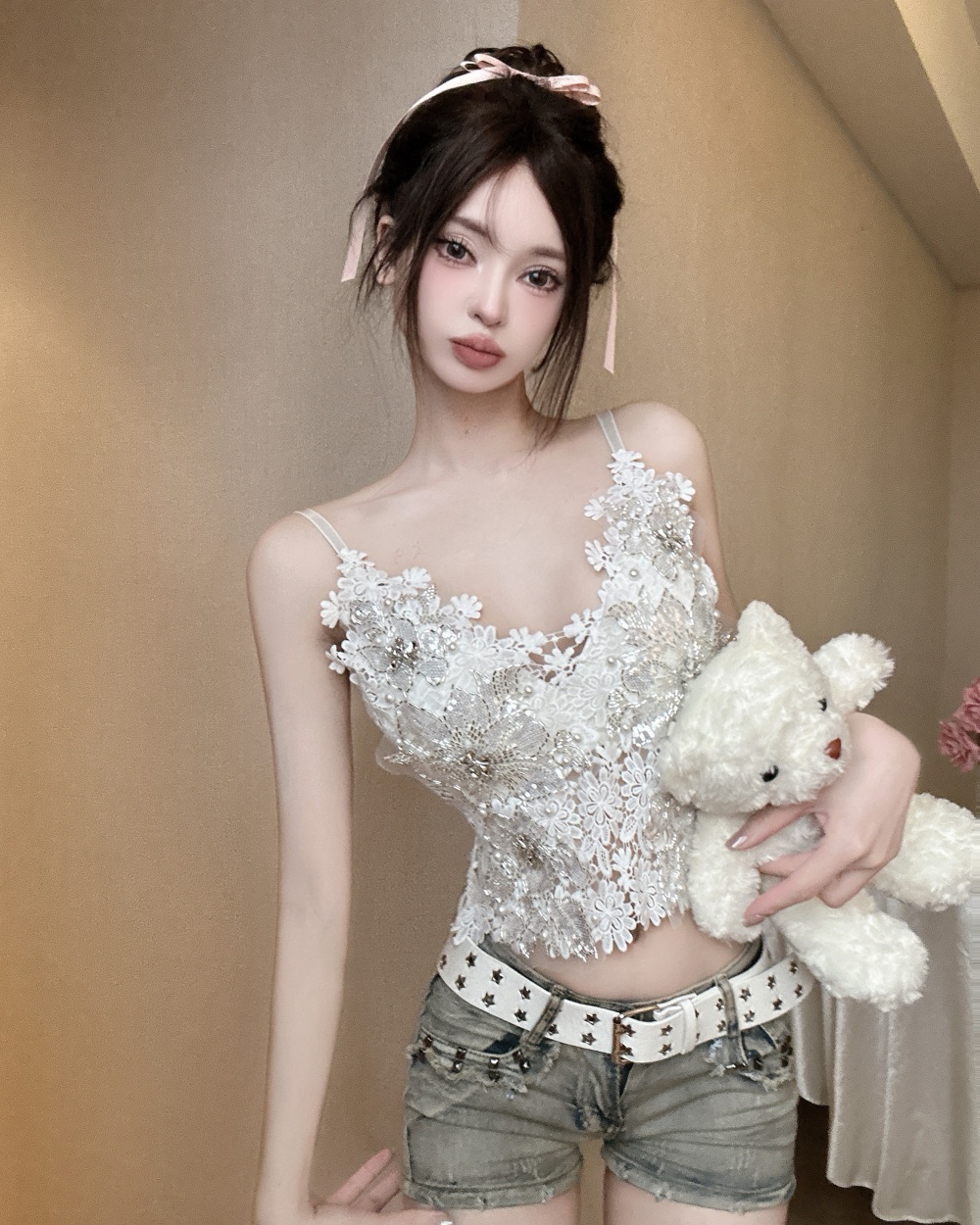 Pinched waist short tops rhinestone chest pad vest for women