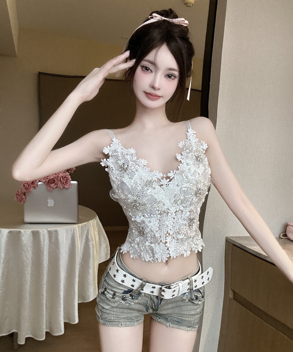 Pinched waist short tops rhinestone chest pad vest for women