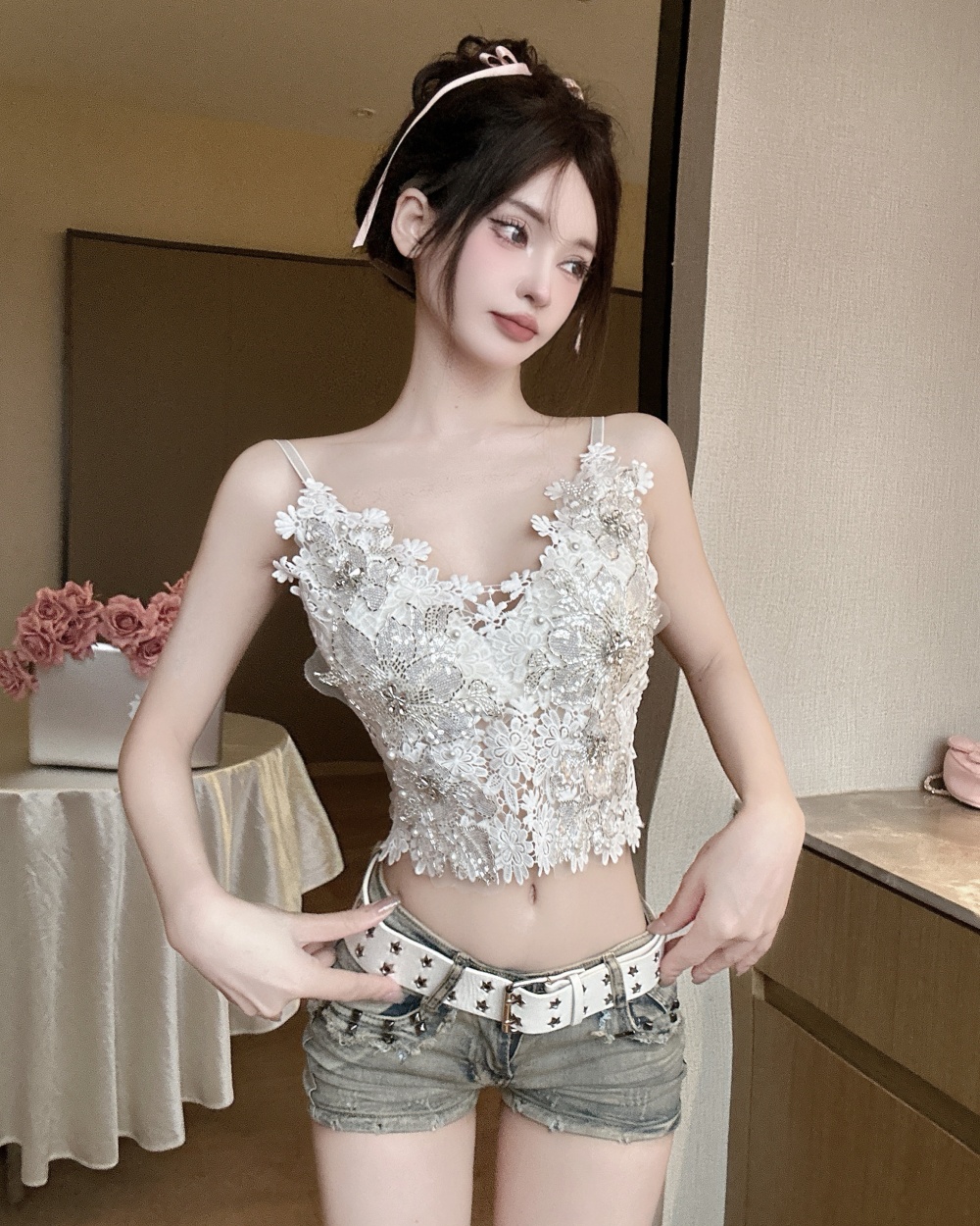 Pinched waist short tops rhinestone chest pad vest for women