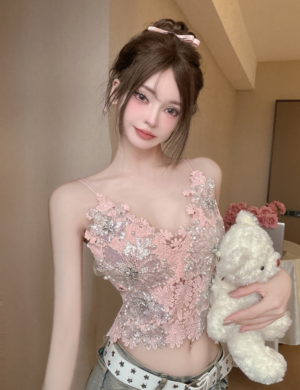 Pinched waist short tops rhinestone chest pad vest for women