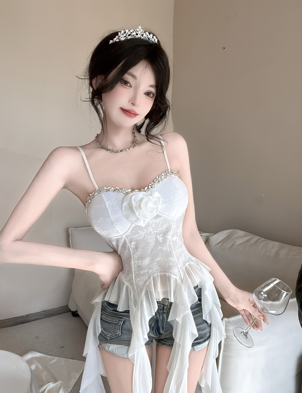 Beautiful all-match temperament rhinestone halter tops