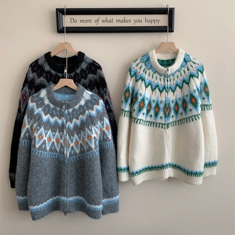 Loose Korean style zip sweater lazy jacquard coat