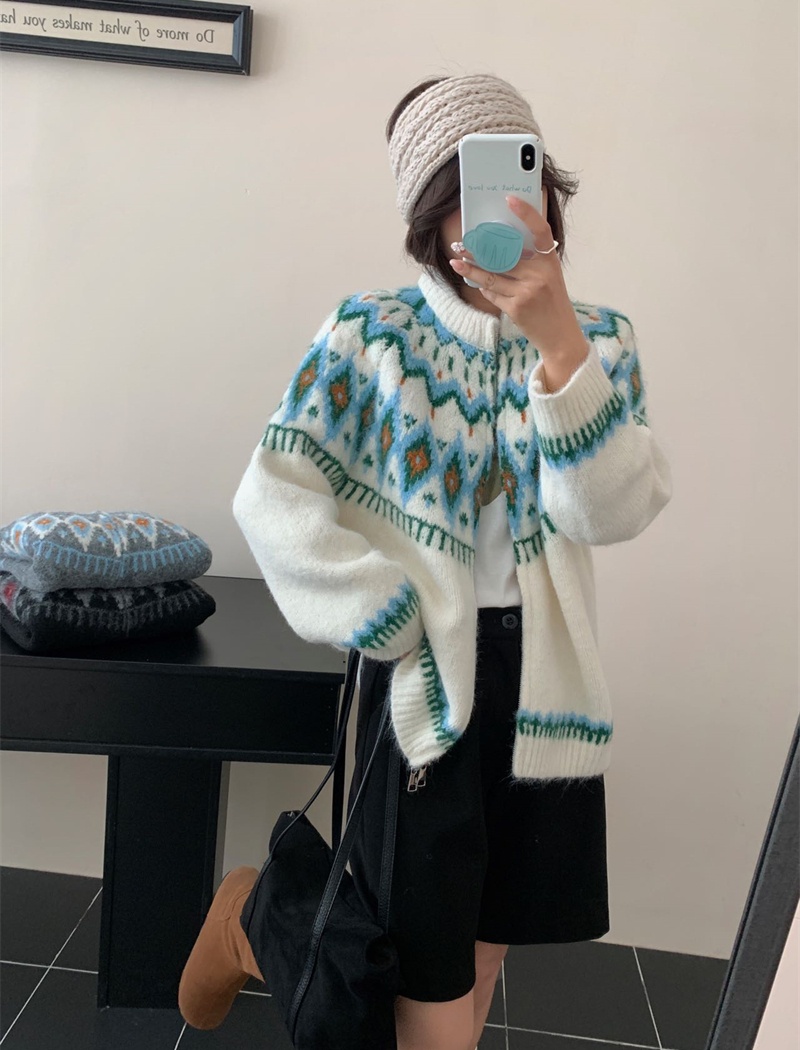 Loose Korean style zip sweater lazy jacquard coat