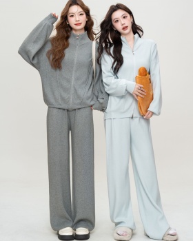 Loose knitted cardigan double zip hoodie 2pcs set