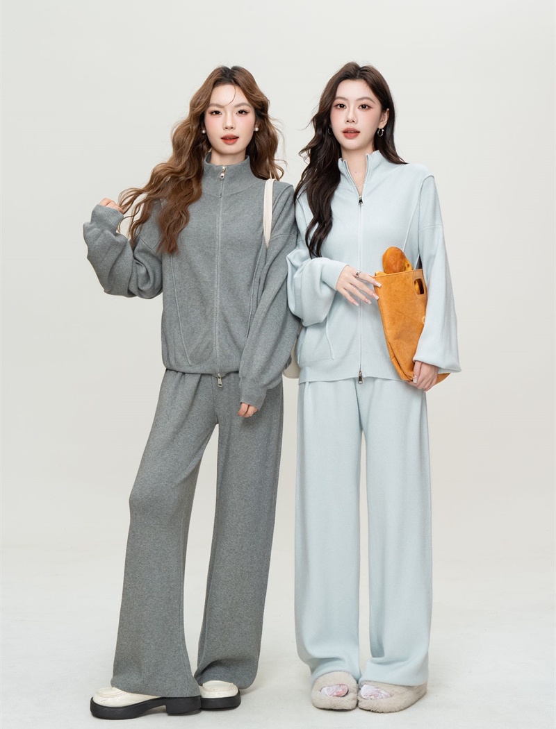 Loose knitted cardigan double zip hoodie 2pcs set