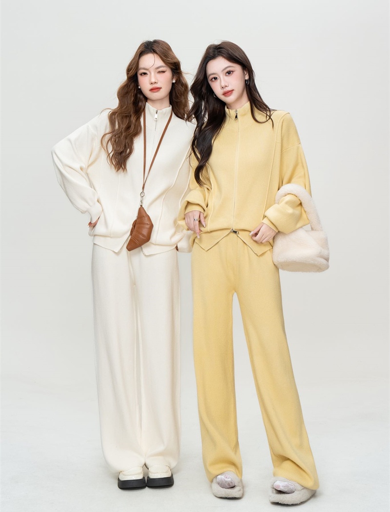 Loose knitted cardigan double zip hoodie 2pcs set