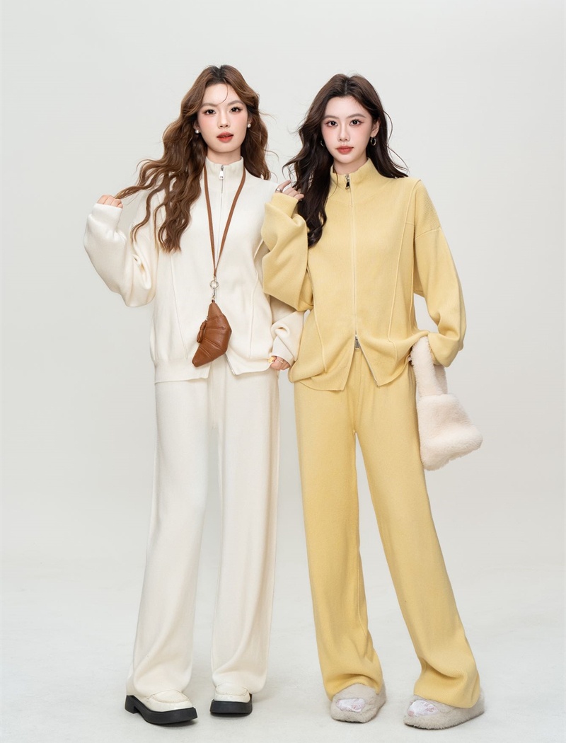 Loose knitted cardigan double zip hoodie 2pcs set