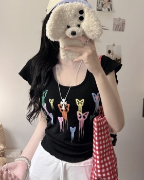 Fashion colors short tops graffiti pinched waist T-shirt