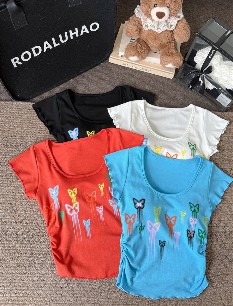 Fashion colors short tops graffiti pinched waist T-shirt