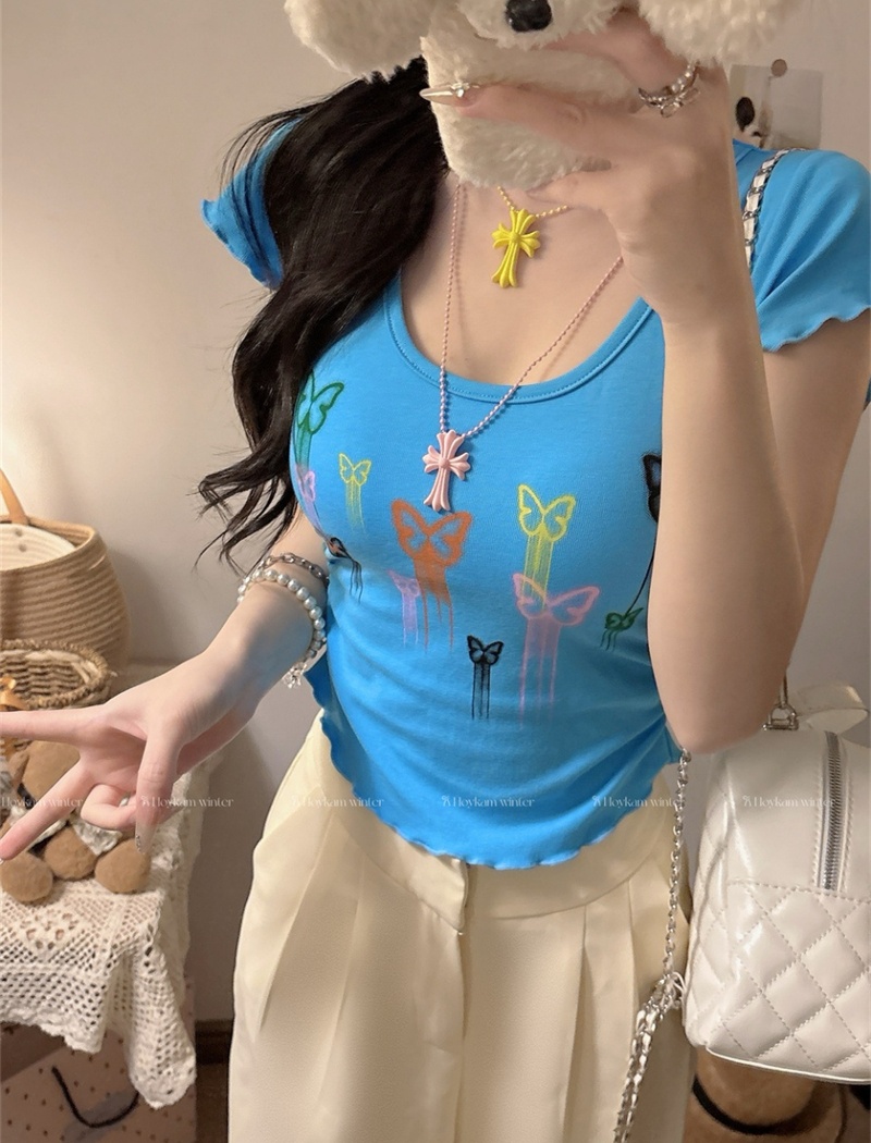 Fashion colors short tops graffiti pinched waist T-shirt