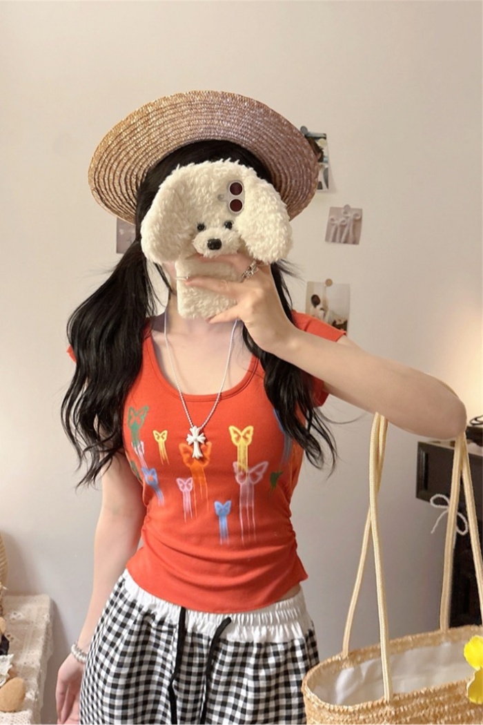 Fashion colors short tops graffiti pinched waist T-shirt