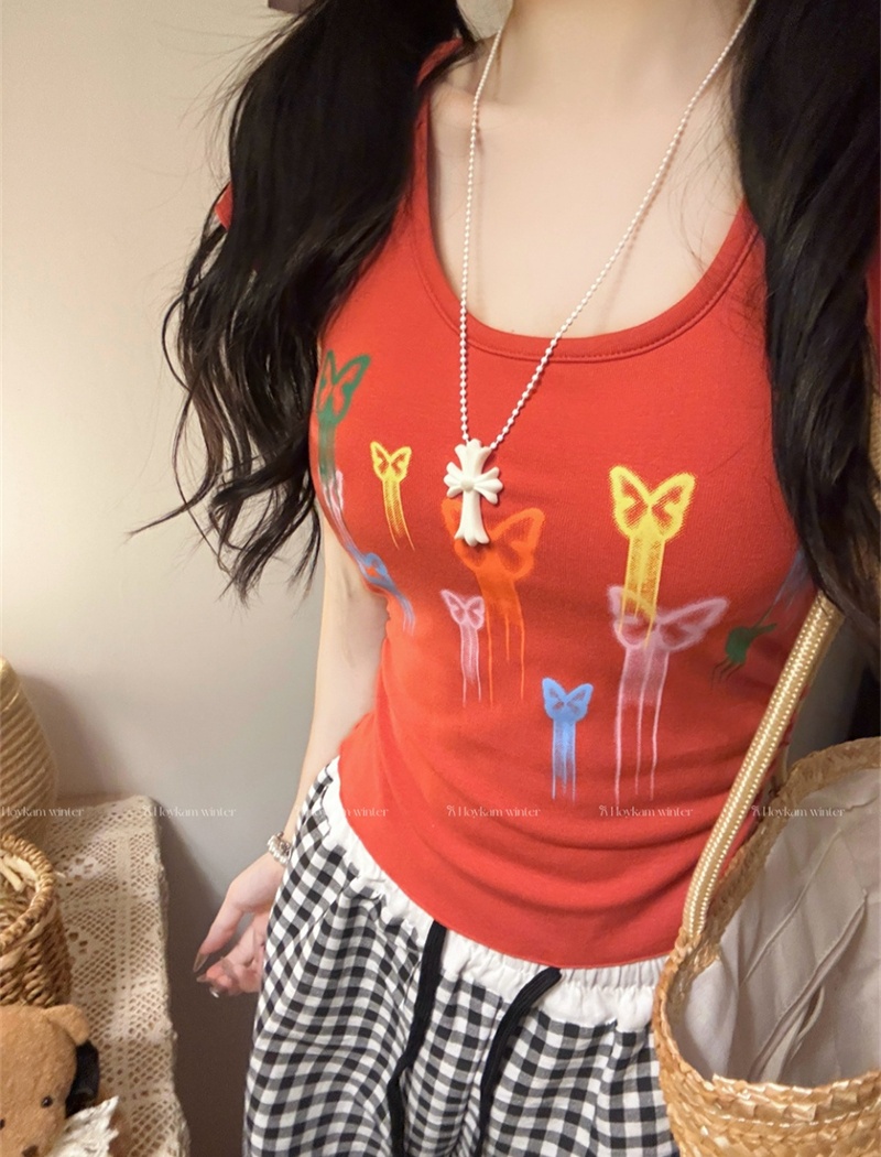 Fashion colors short tops graffiti pinched waist T-shirt