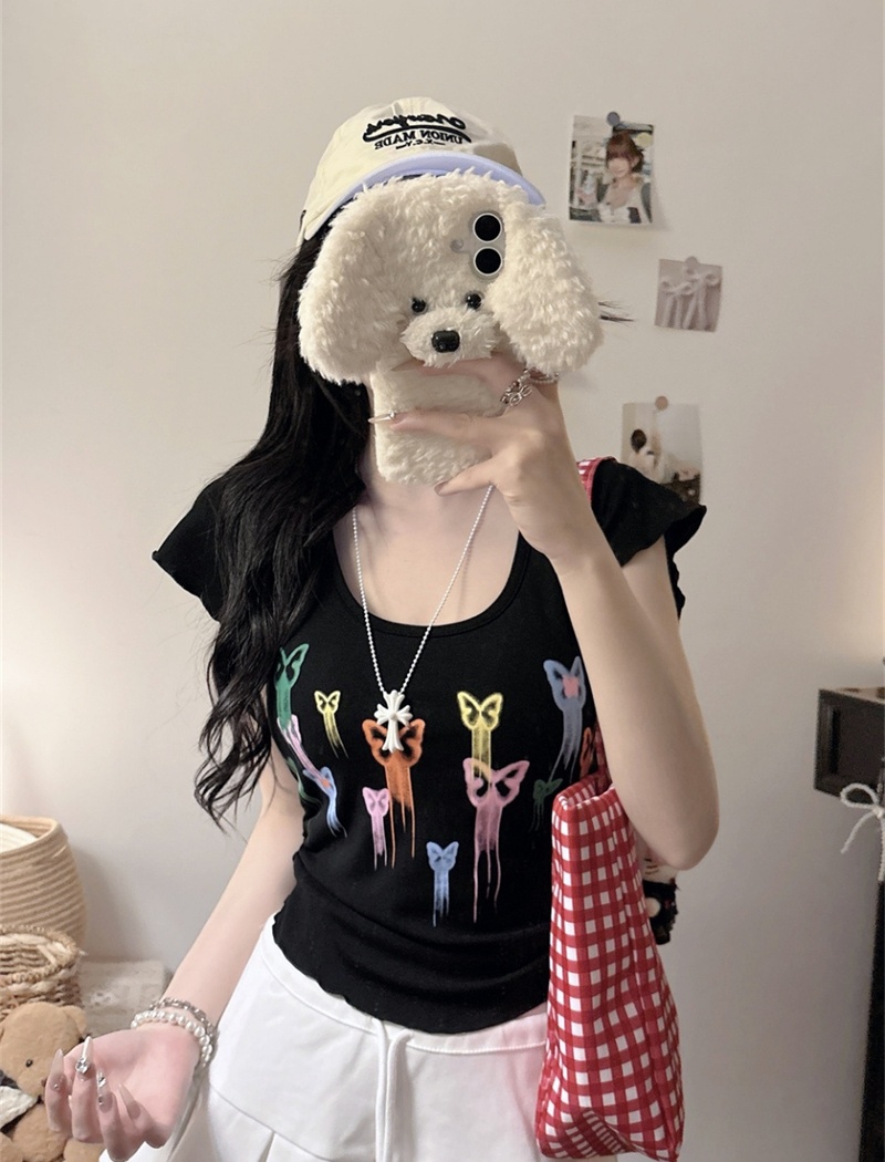 Fashion colors short tops graffiti pinched waist T-shirt