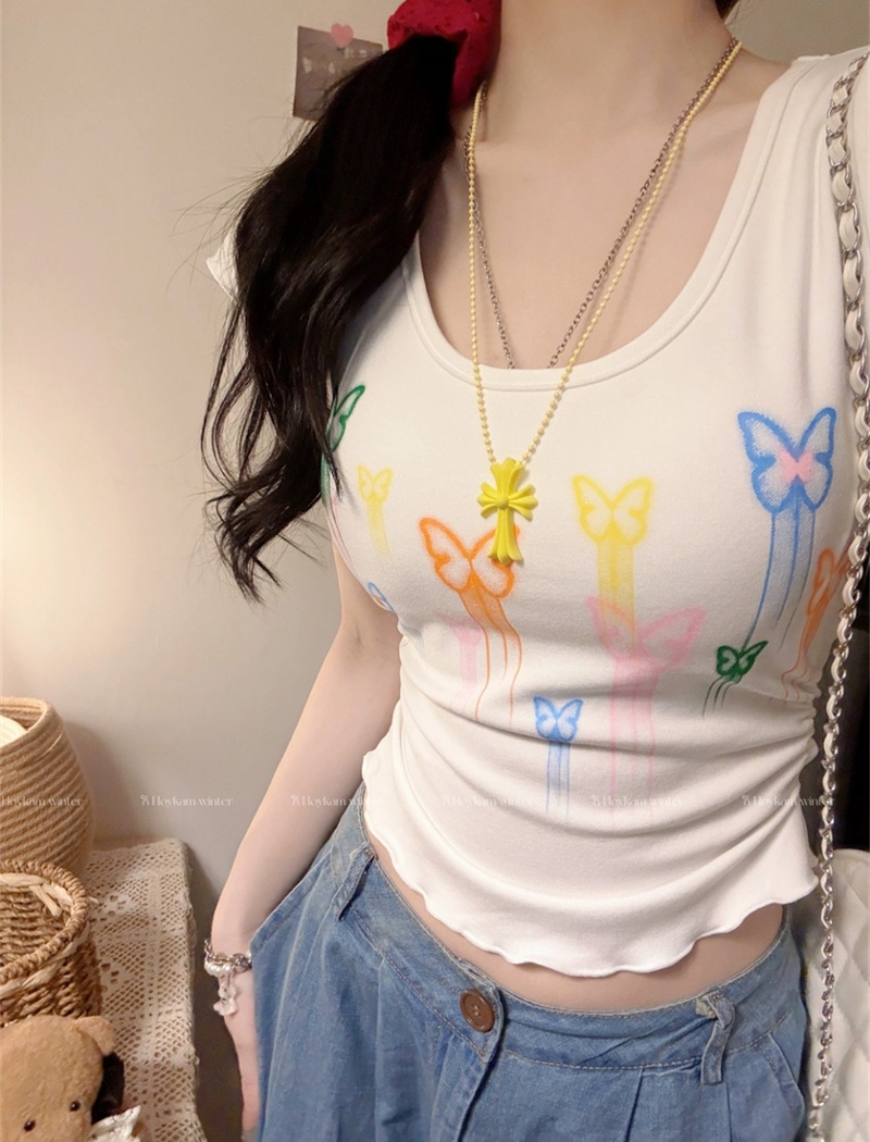 Fashion colors short tops graffiti pinched waist T-shirt