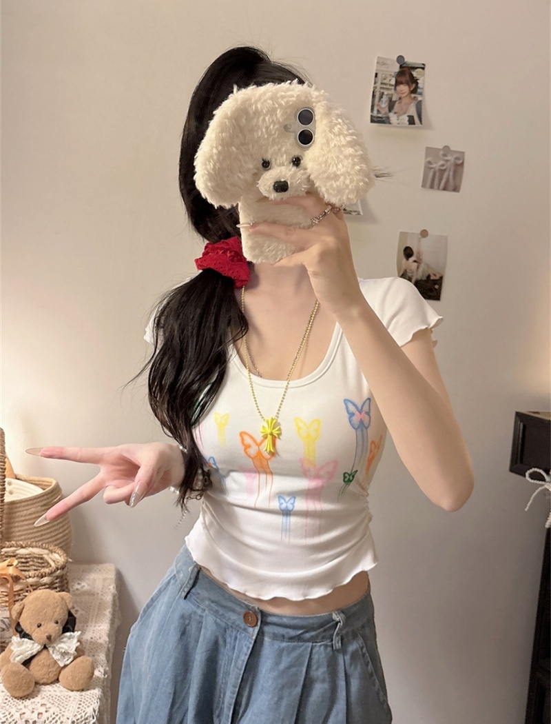 Fashion colors short tops graffiti pinched waist T-shirt