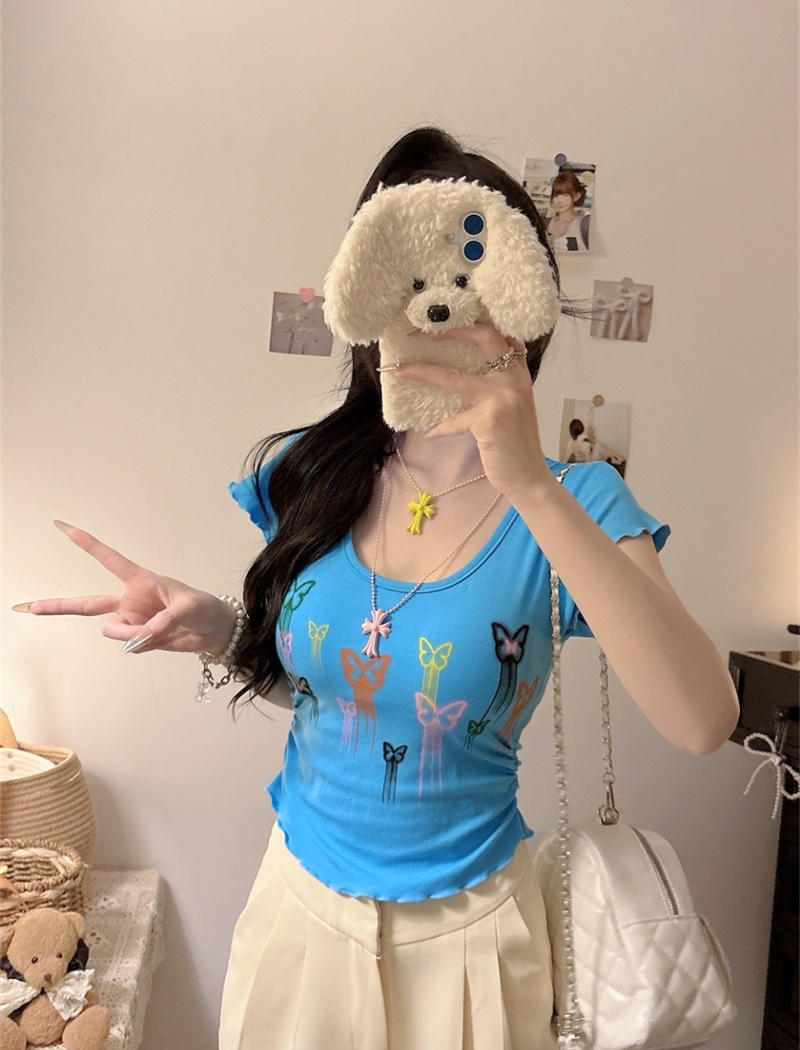 Fashion colors short tops graffiti pinched waist T-shirt