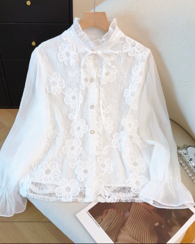 Frenum splice chiffon shirt cstand collar cardigan