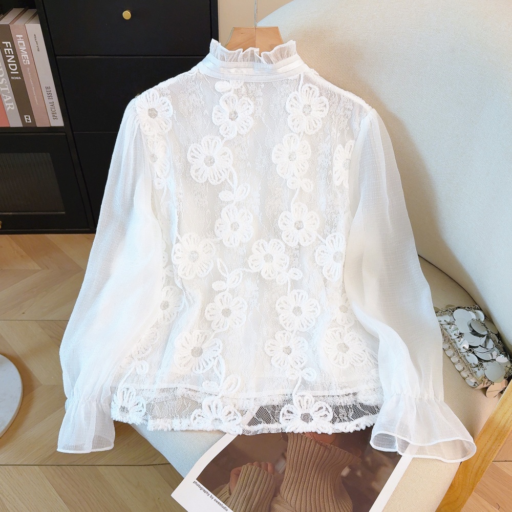 Frenum splice chiffon shirt cstand collar cardigan