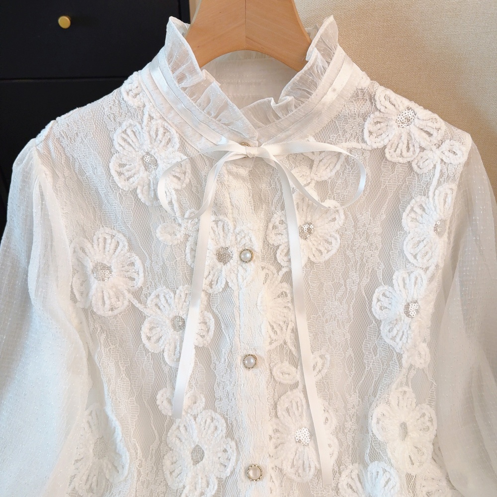 Frenum splice chiffon shirt cstand collar cardigan