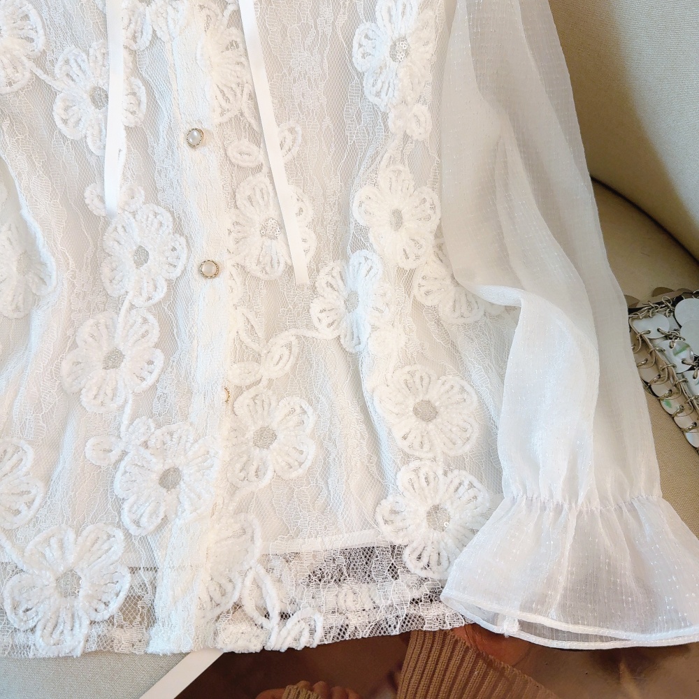 Frenum splice chiffon shirt cstand collar cardigan