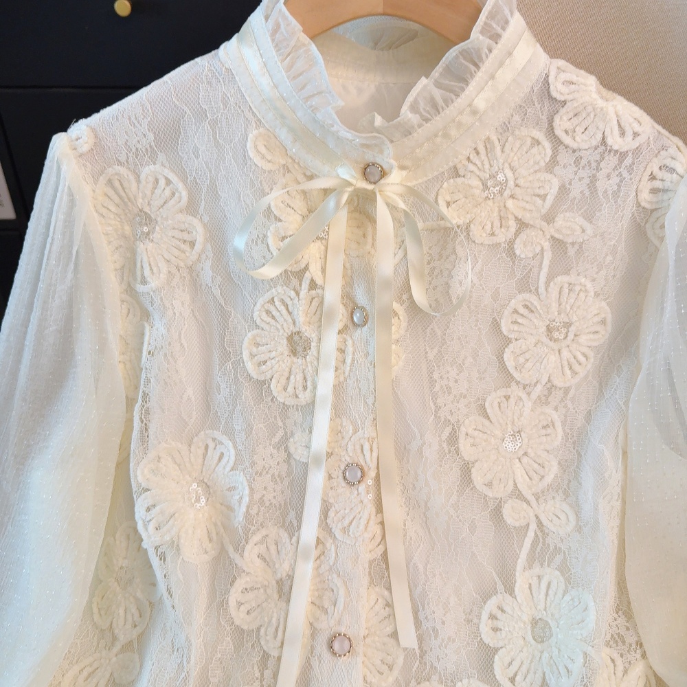 Frenum splice chiffon shirt cstand collar cardigan