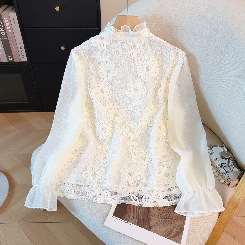 Frenum splice chiffon shirt cstand collar cardigan