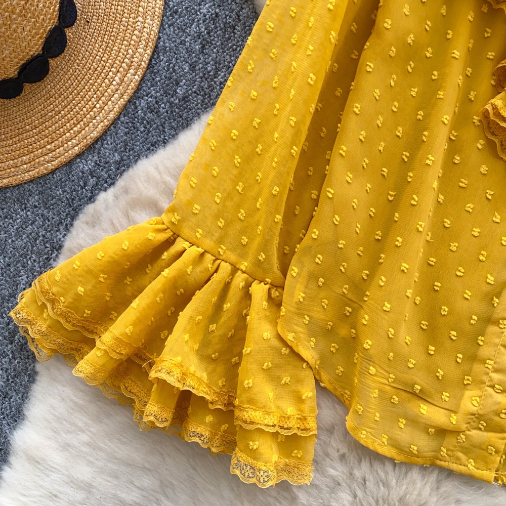 Commuting slim wood ear tops V-neck France style shirt for women