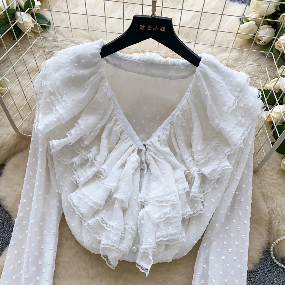 Commuting slim wood ear tops V-neck France style shirt for women