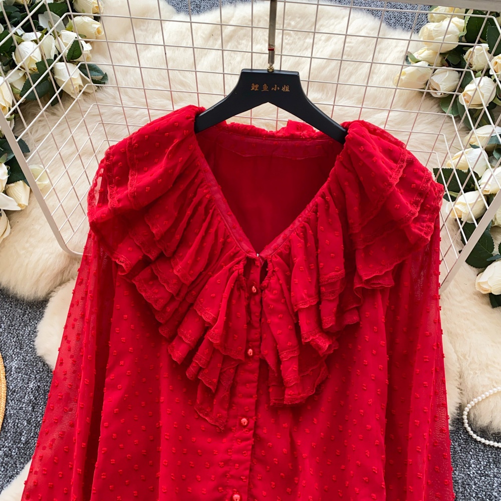 Commuting slim wood ear tops V-neck France style shirt for women