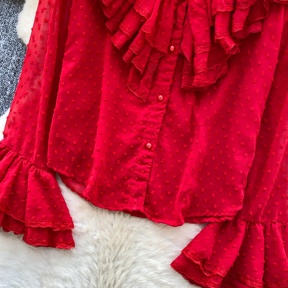 Commuting slim wood ear tops V-neck France style shirt for women