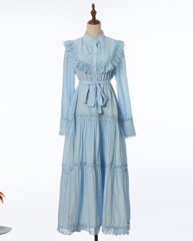 Embroidery lantern sleeve shirt pinched waist long dress