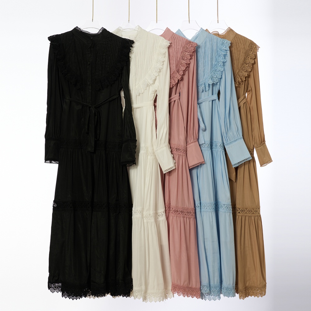 Embroidery lantern sleeve shirt pinched waist long dress